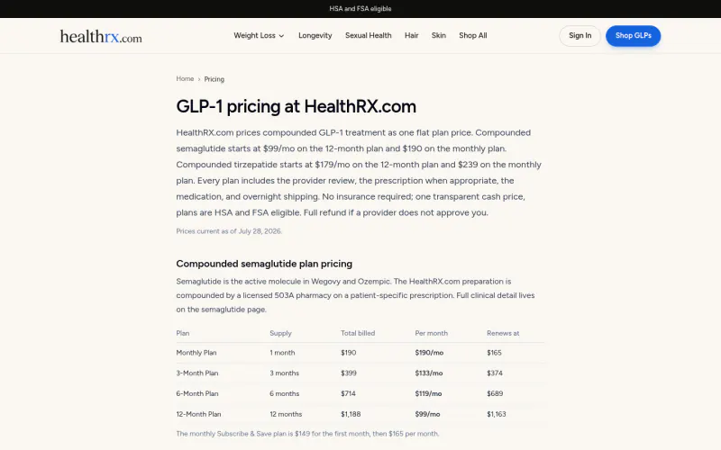 HealthRX pricing page screenshot