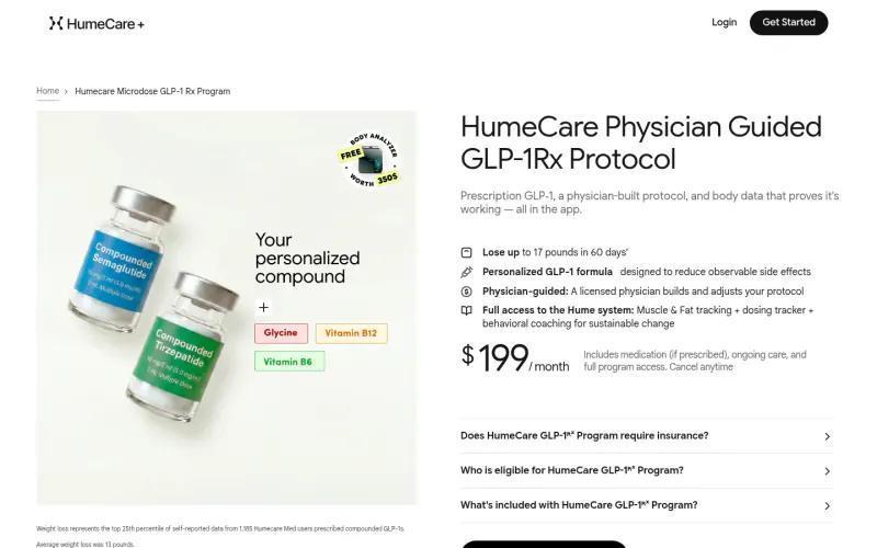 Hume Care pricing page screenshot