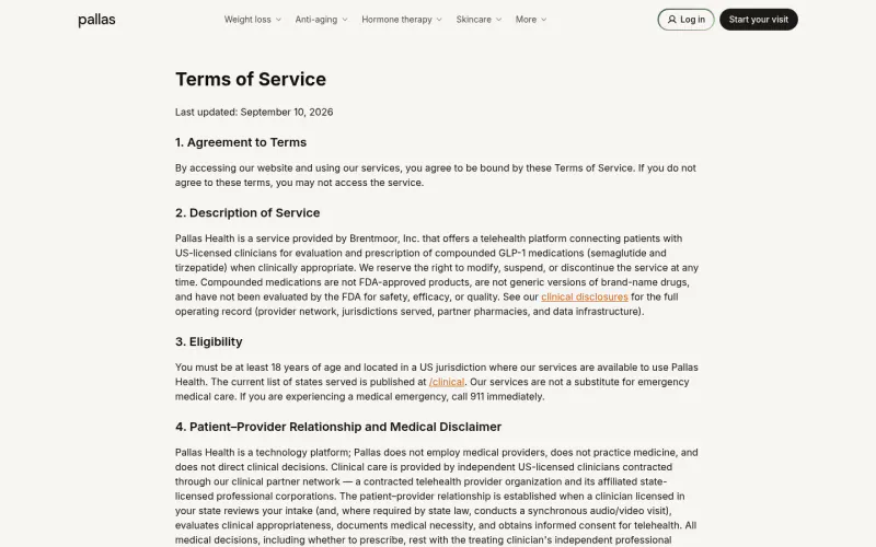 Pallas Health terms page screenshot