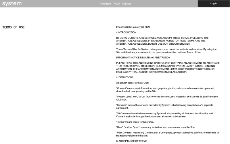 System Labs terms page screenshot