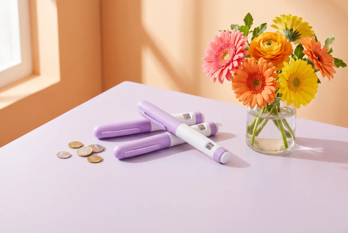 Plain lilac injection pens and coins beside pink flowers on a bright table