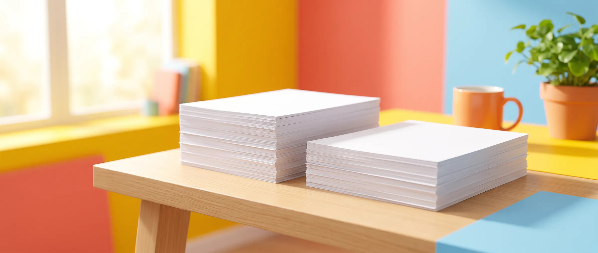 Two stacks of blank white paper on a wooden desk in a bright room