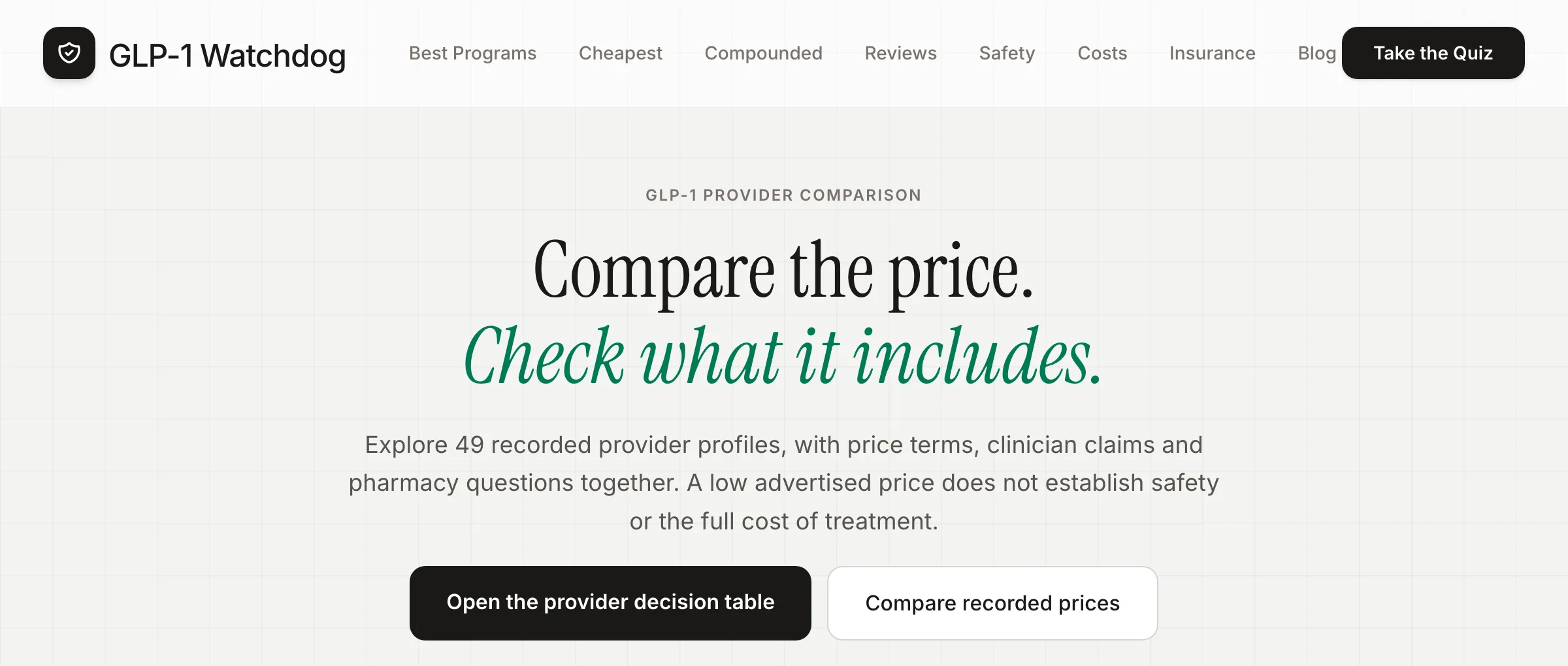 The GLP-1 Watchdog home page, headed "Compare the price. Check what it includes."