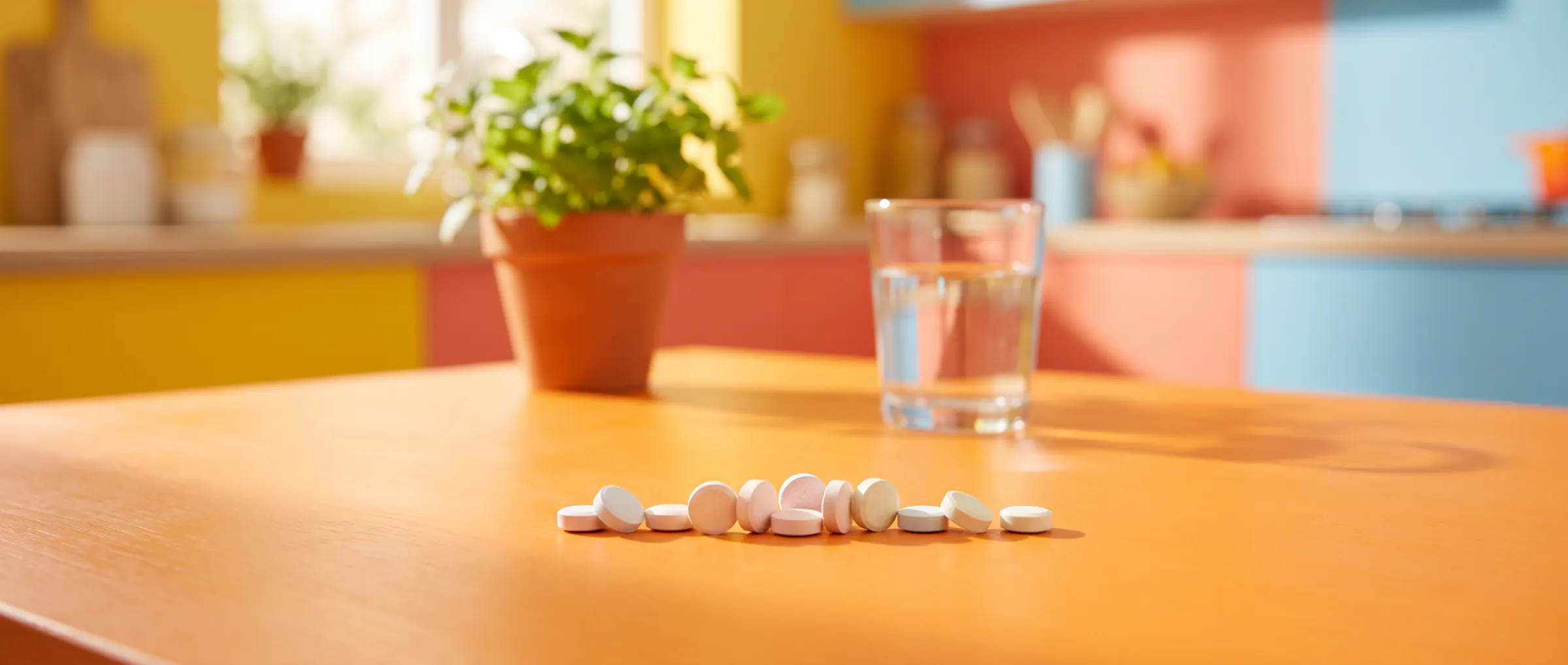 A row of small pale tablets on a bright tangerine table